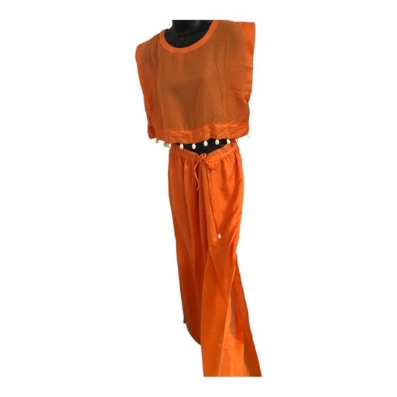 Orange 2 piece sheer cowrie shell adorned crop top and split leg pants beach set - Picture 4 of 17